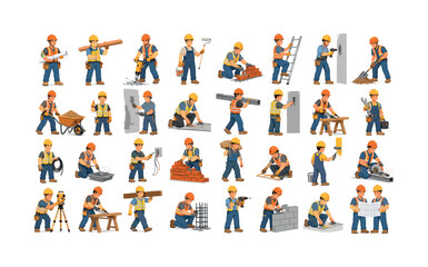 Fototapeta premium Construction occupation character set with workers, tools, helmets, bricklaying and site actions, construction, occupation,