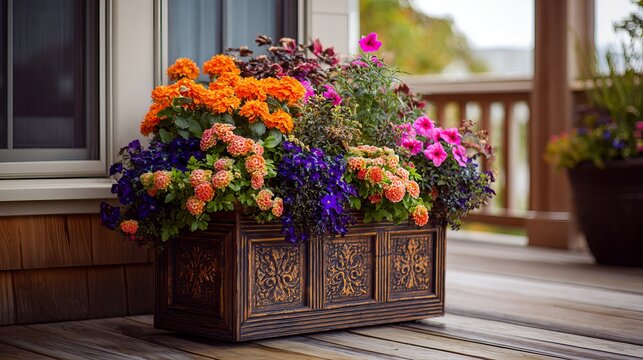 Decorative wooden planter filled with vibrant orange marigolds and bright purple petunias sitting gracefully on a natural cedar wood deck