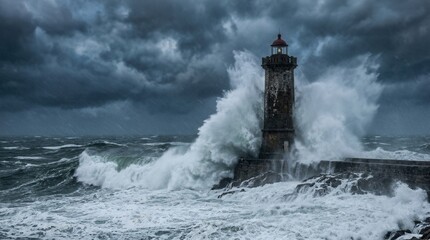 Obraz premium Dramatic Lighthouse Battling Crashing Waves During Stormy Weather.
