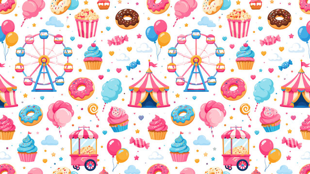 Carnival sweets seamless pattern with donuts, ferris wheel, balloons, popcorn and clouds, carnival, sweets, donuts, ferris wheel,