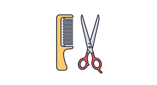 Hairdresser tools consisting of a yellow comb and a pair of scissors with red handles are displayed side by side.