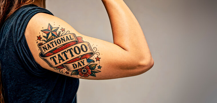 Woman Confidently Showing Tattoo on Upper Arm That Says "National Tattoo Day" Rendered in Retro Style