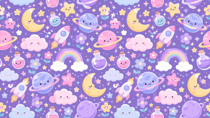 Naklejka premium Pastel moon and star pattern with clouds, planets, flowers, rockets and dreamy fantasy icons, moon, stars, clouds, planets,