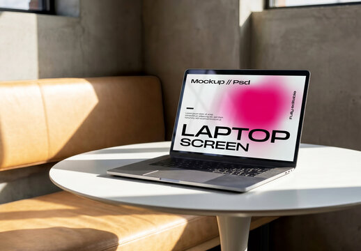 Open Laptop on Round Table Outdoor Cafe Mockup