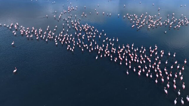 Aerial view of flamingo groups forming patterns on deep blue water. Scattered pink and white clusters wading in dark navy lagoon from above.