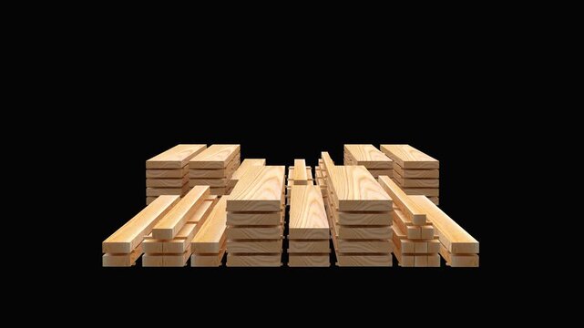 Wooden planks and beams slide into place and stack into neat rows on a black background in a lumber assembly 3D render, 3D animation