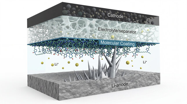 Scientific 3D diagrammatic view of lithium battery dendrite formation being halted by advanced electrolyte separator