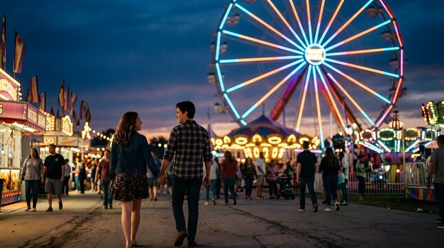 Young couple holding hands walking through a vibrant state fair at twilight with a large illuminated Ferris wheel, carousel, and neon-lit food stalls under a sunset sky.
