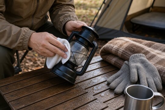 秋キャンプ前にランタンを拭いて点検する手元
