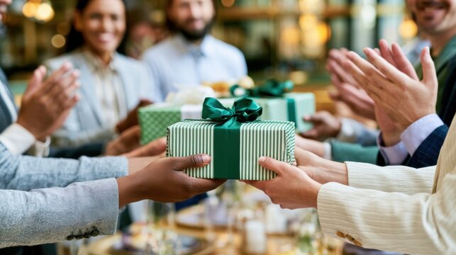 People exchanging wrapped gifts at festive gathering. Celebration concept with sharing, appreciation, social bonding and memorable moments together