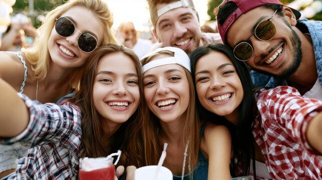 Happy friends taking selfie during an outdoor celebration. Diverse group enjoying festival atmosphere, smiling together and creating memorable social moments