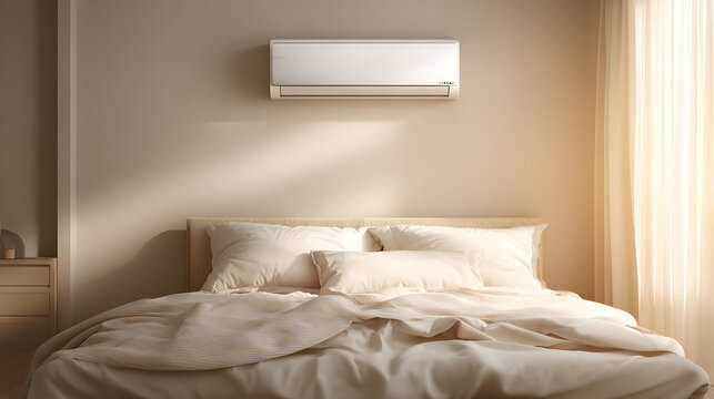 White air conditioner on beige wall above bed in cozy bedroom. Warm sunlight from window. Comfortable home climate control concept