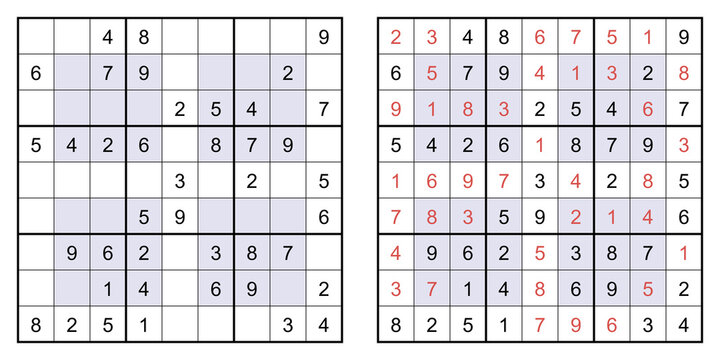 Classic hyper sudoku 9x9 windoku puzzle board game worksheet with violet window blocks png