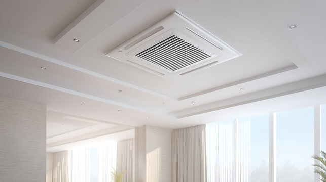 Central ducted air conditioning vent in white ceiling of bright spacious luxury interior. Modern home HVAC climate control system