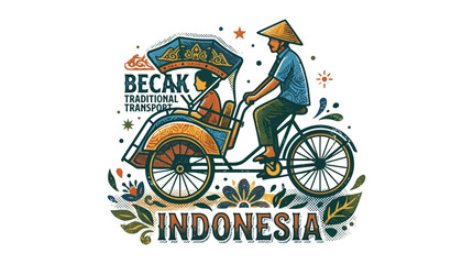 Man rides traditional Indonesian bicycle taxi. © Geri