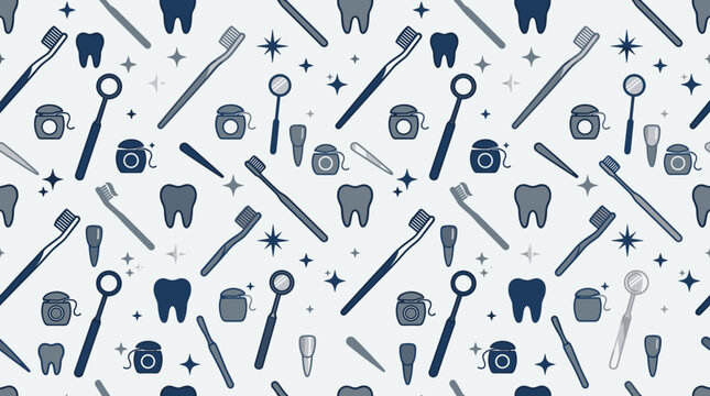 Dental clinic tools and professional dentistry icons arranged in a seamless repeating pattern for dental branding use. Dentistry