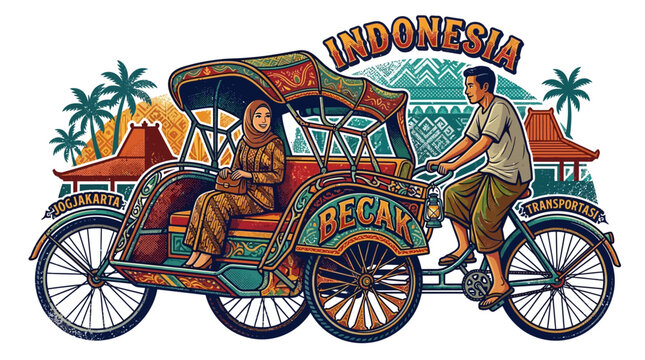 Becak traditional Indonesian pedicab vehicle.