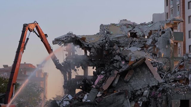 Excavator with hydraulic crusher is tearing down the old typical Turkish multi-storey apartment, residential building in Istanbul, Turkey. Water dust control during demolition of building, slow motion