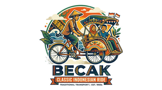 Traditional Indonesian Becak Rickshaw Vehicle.