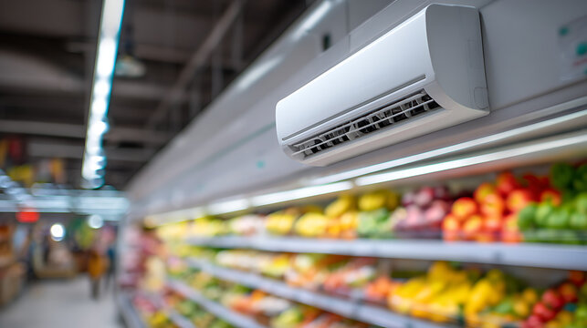 Wall mounted air conditioning unit in a grocery store. Modern AC cooling system above blurred supermarket shelves with fresh produce