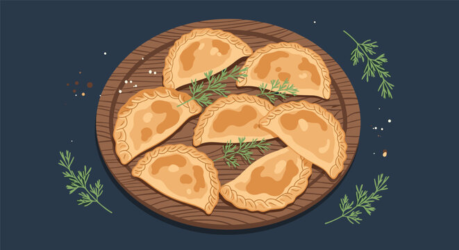 Wooden plate filled with freshly baked golden empanadas or dumplings garnished with green herbs on dark background.