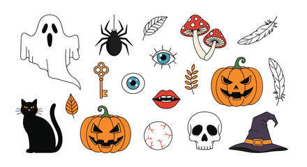 Fototapeta premium Halloween collection features spooky icons including a ghost, spider, black cat, pumpkins, skull, and witch hat.
