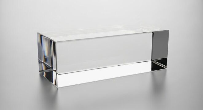 Transparent glass rectangular prism on grey surface.