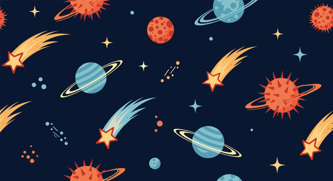Colorful outer space pattern featuring planets stars comets and constellations on a dark blue background for cosmic themed designs.