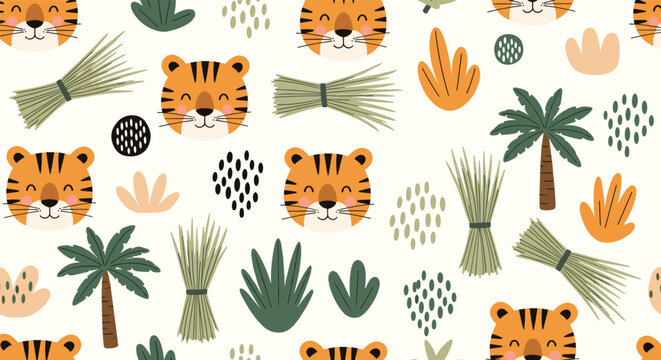 Adorable tiger pattern with tropical jungle leaves palm trees and abstract shapes on a light background for nursery and kids apparel.