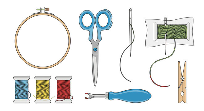 Professional sewing kit set with scissors thread spools needles embroidery hoop and seam ripper for craft and hobby projects.