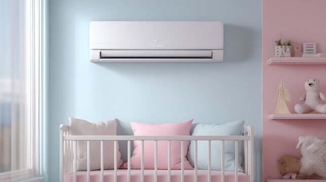Modern baby nursery interior with white crib and pastel blue and pink walls. Wall mounted air conditioner above bed for comfortable sleep. Climate control