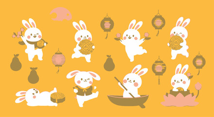 Fototapeta premium Set of adorable rabbits celebrating Mid-Autumn festival with traditional icons on vibrant yellow background vector Mid-Autumn Festival
