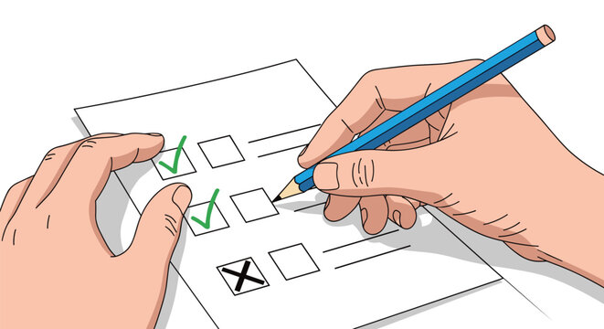 Close-up of hands holding a pencil while checking off boxes on a questionnaire form representing feedback or survey completion.