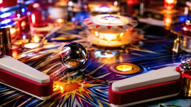 Close-up of a colorful pinball machine playfield with a steel ball, flippers, bumpers and glowing illuminated lights