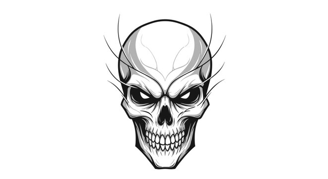 Detailed black and white illustration of a menacing skull with sharp features and stylized lines for a gothic or dark design.