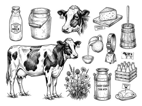 Hand drawn black ink sketch of holstein cow and dairy product set isolated on white background