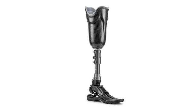 Black prosthetic leg for below-knee amputee isolated on white