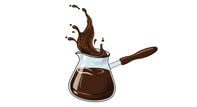 Dark chocolate or coffee splashing vigorously out of a glass cezve with a wooden handle on a white background.