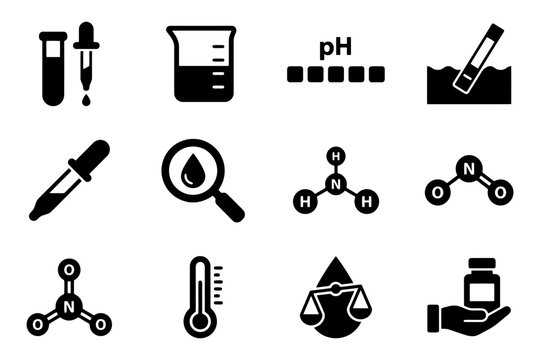 Chemical science icons set featuring beaker, ph scale, molecule symbols, dropper, thermometer.