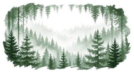 Obraz premium Watercolor pine forest landscape with misty mountain background.