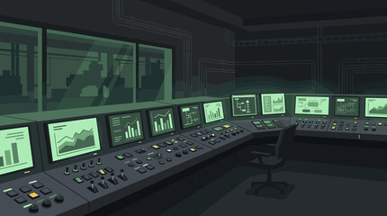 Fototapeta premium Industrial control room panel with switches screens and dim green lighting, controlroom, panel, switches, screens, industrial,