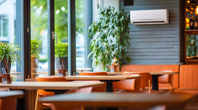 White wall mounted air conditioner in a modern restaurant interior. Empty cafe dining area with orange chairs and wooden tables. Commercial climate control