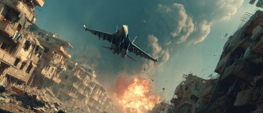 Silhouettes and explosions: a skybound dance of destruction. Abstract beauty. Witness to destruction: the high-impact view from above. Advertising photo. Creative concept.