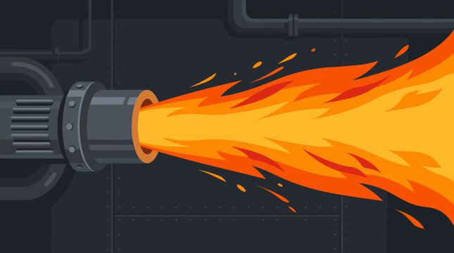 Industrial jet flame blasting from metal nozzle in dark chamber, flame, nozzle, jet, industrial, fire, heat, engine, turbine,