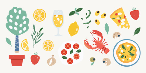 Italian Summer Food Collection Flat Vector Illustration With Light Background © Buddiswar