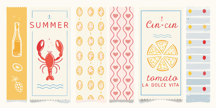 Mediterranean summer illustration card with lobster pizza and lemon elements
