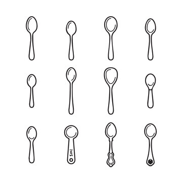 Various Measuring Spoons arranged in a grid on a white background with clean line art