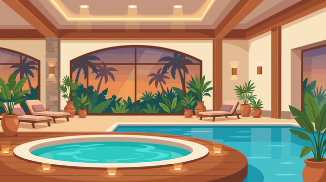 Luxury spa pool room with circular hot tub and tropical window view, spa, pool, hot tub, luxury, interior, resort, relaxation,