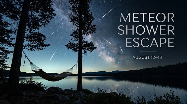 Meteor shower escape banner with hammock, lake and falling stars