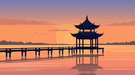 Naklejka premium Wooden pagoda pier silhouette over calm water at sunset, pagoda, pier, sunset, water, silhouette, lake, architecture, travel,